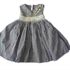 Luli & Me girls black & white checkered‎ smocked dress with embroidered Flowers